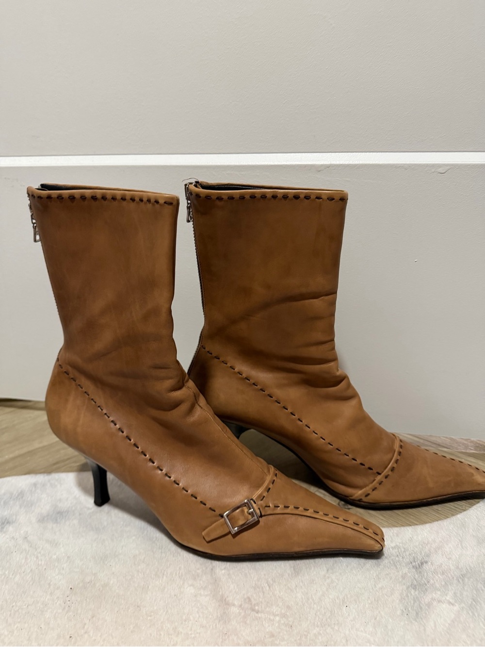 Prada Tan Leather Pointed Toe Mid-Calf Boots with Buckle and Stitching Detail